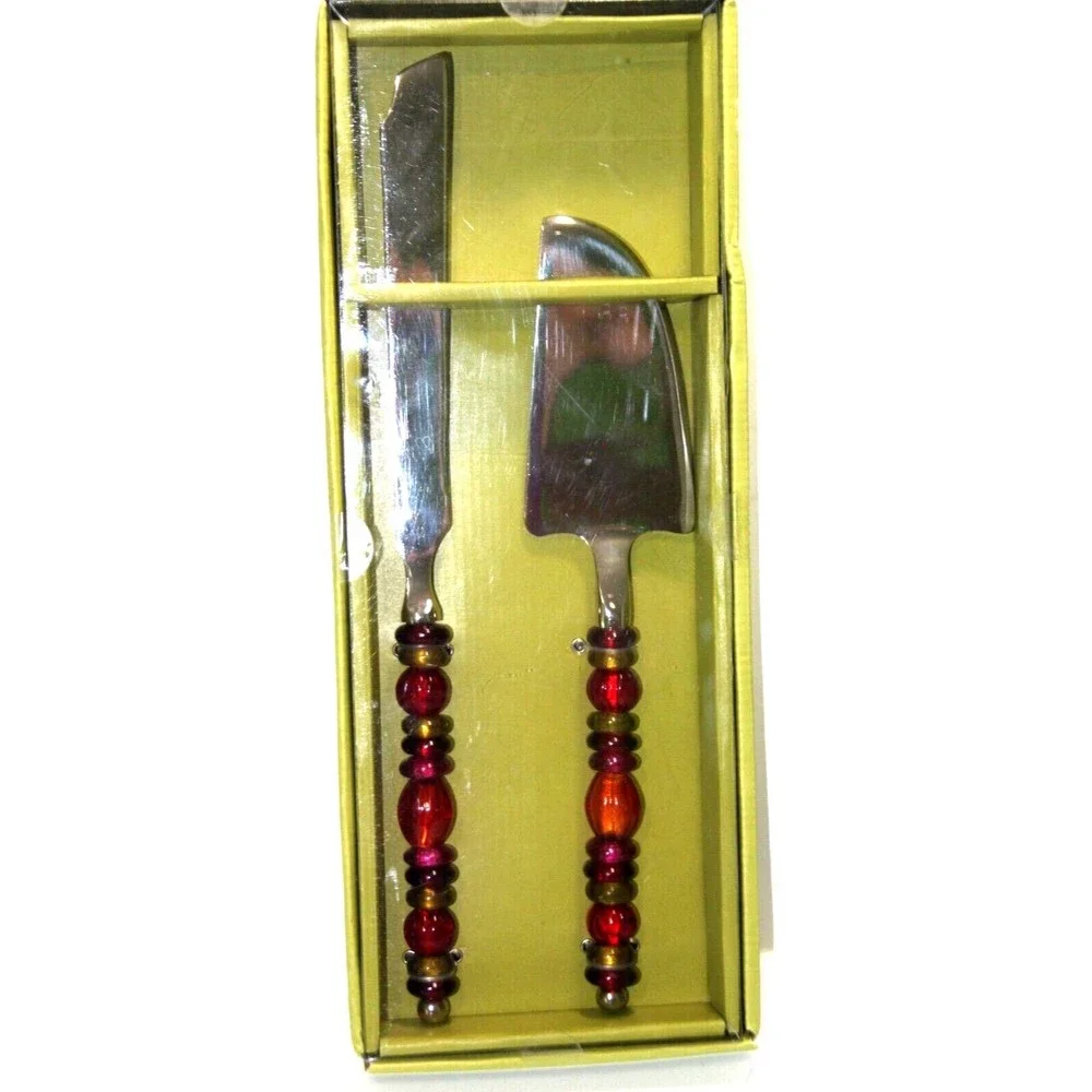 Pier 1 Imports Ornate Cake Dessert Knife Spatula Serve Ware Set Bead Fall Colors